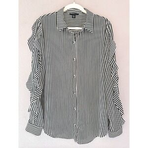 Saks Fifth Avenue Womens Large Black White Striped Ruffle Sleeve Button Up Shirt